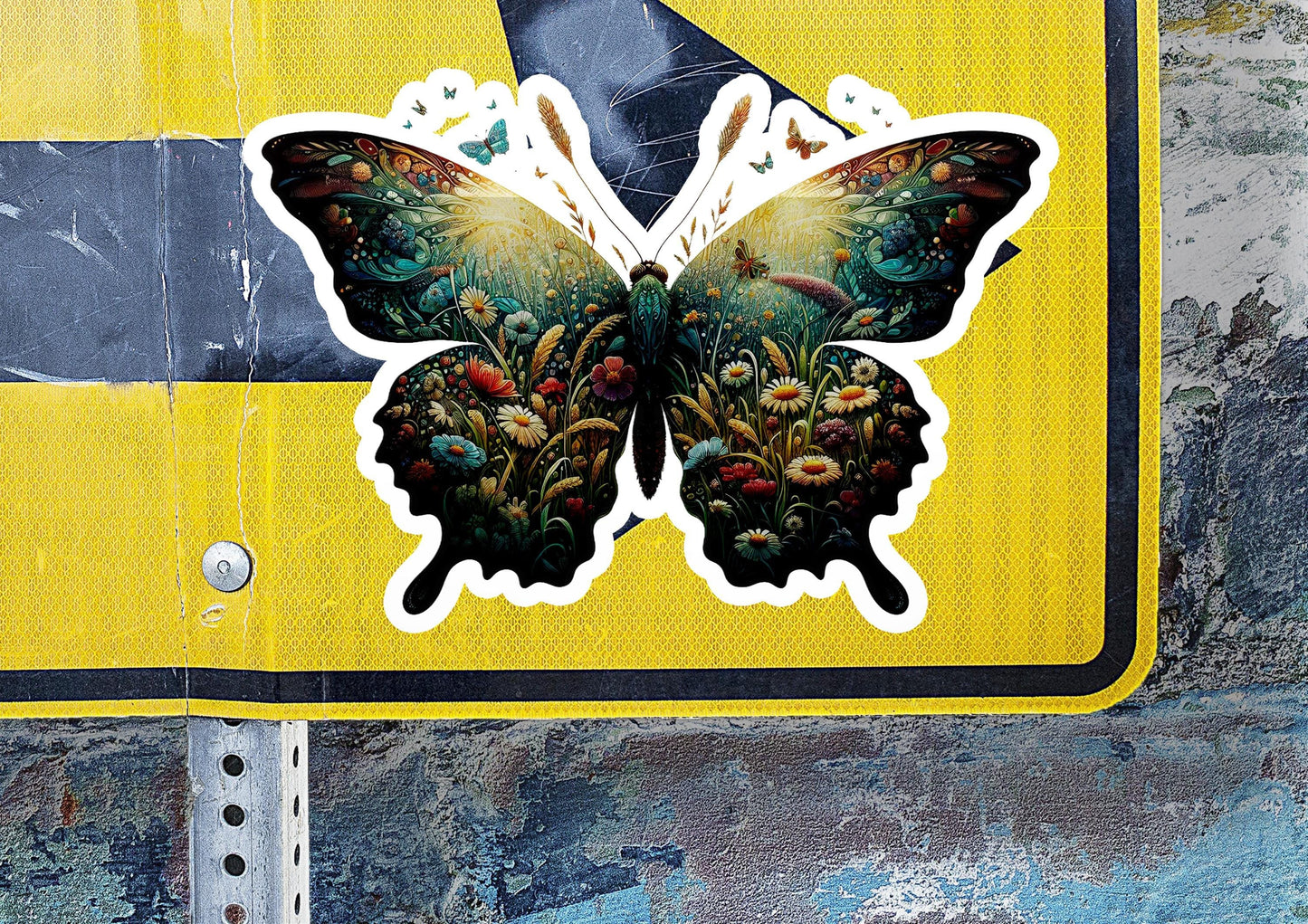 a close up of a street sign with a butterfly on it