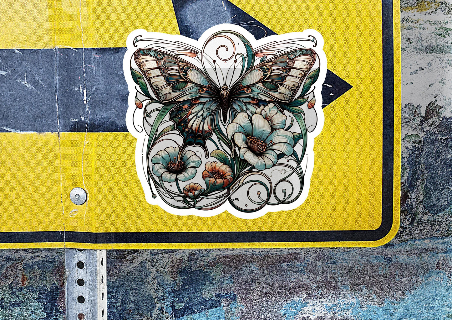 a close up of a street sign with a butterfly on it
