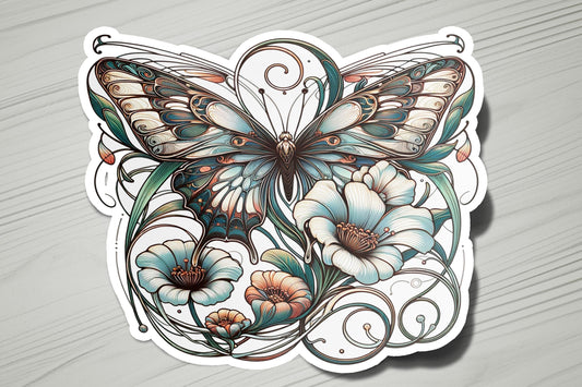 a sticker of a butterfly with flowers on it