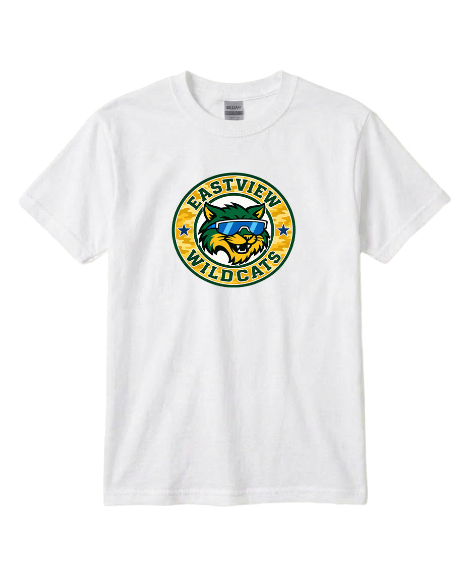 A white t-shirt with a graphic design featuring a cartoon-like wildcat wearing sunglasses and the text "EASTVIEW WILDCATS" printed on it.