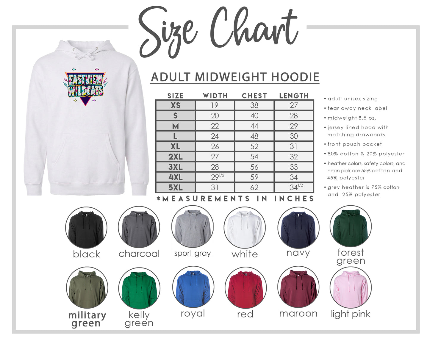 The image is a size chart for an adult midweight hoodie, including various color options and corresponding measurements in inches.