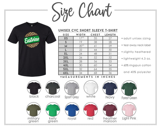The image is a size chart for a unisex CVC short sleeve t-shirt, including various sizes and measurements in inches.