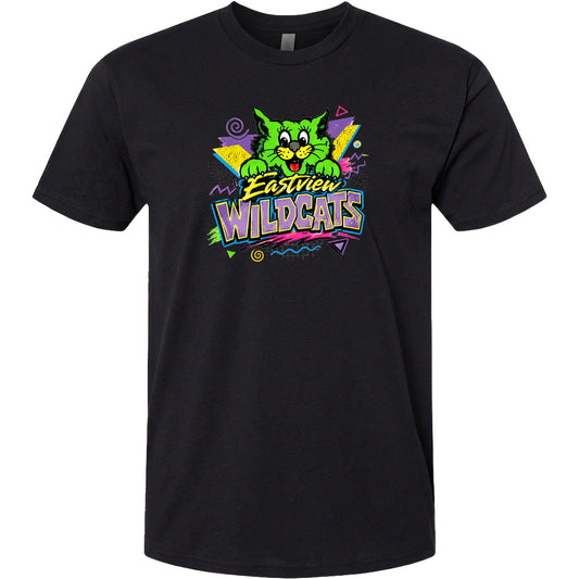 A black t-shirt with a colorful graphic design featuring a cartoon cat and the text "Eastview Wildcats".