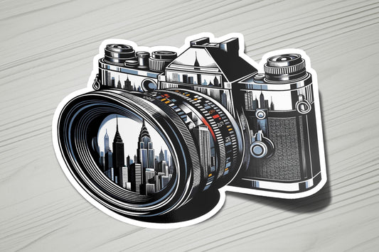 a sticker of a camera on a table