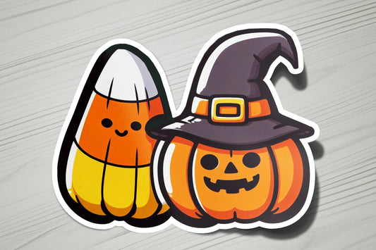 a sticker with a pumpkin and a witch hat