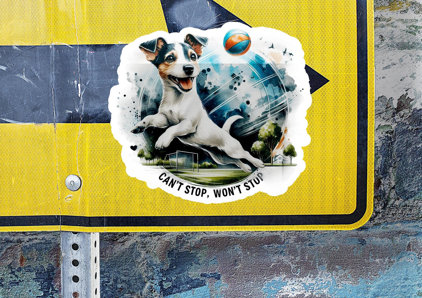 a sticker of a dog catching a ball on a street sign