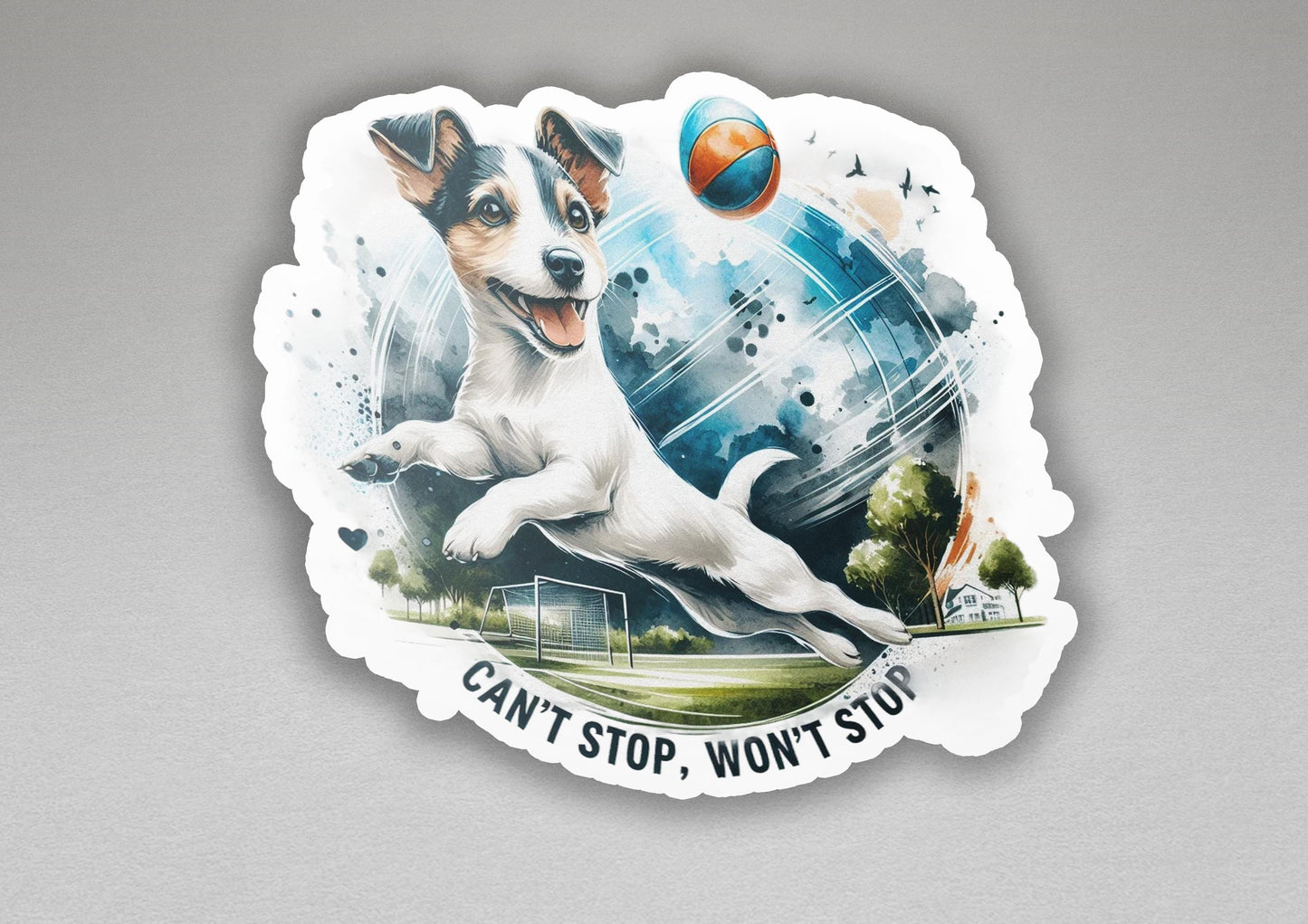 a sticker with a picture of a dog catching a ball