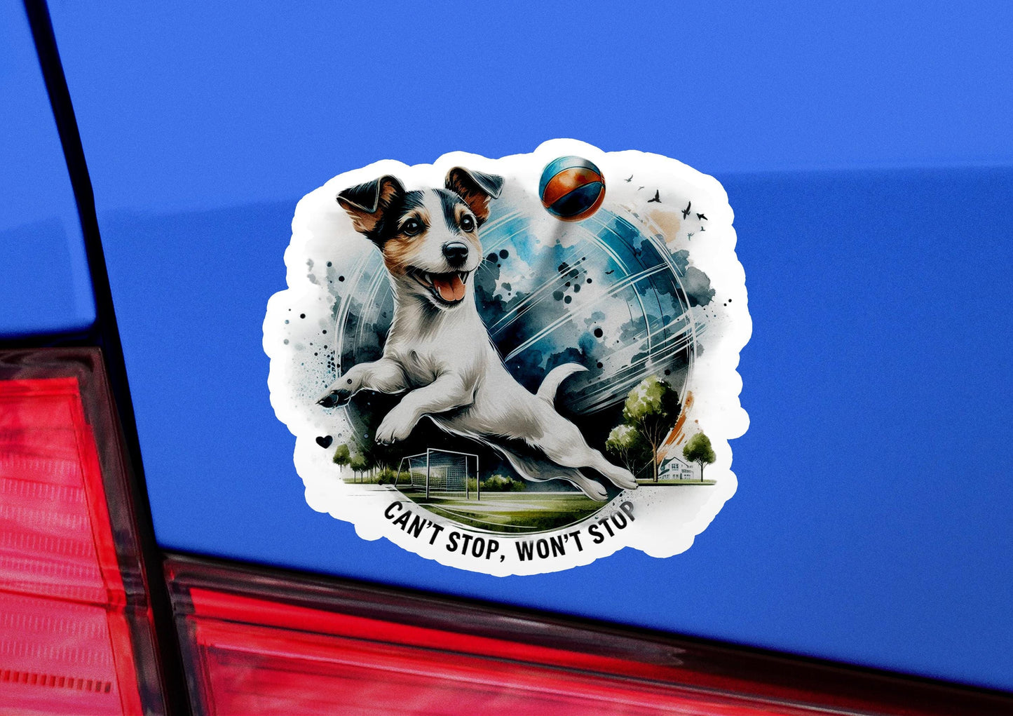 a sticker on the back of a car that has a picture of a dog
