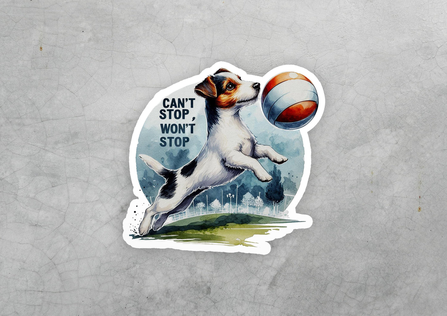 a sticker of a dog catching a ball