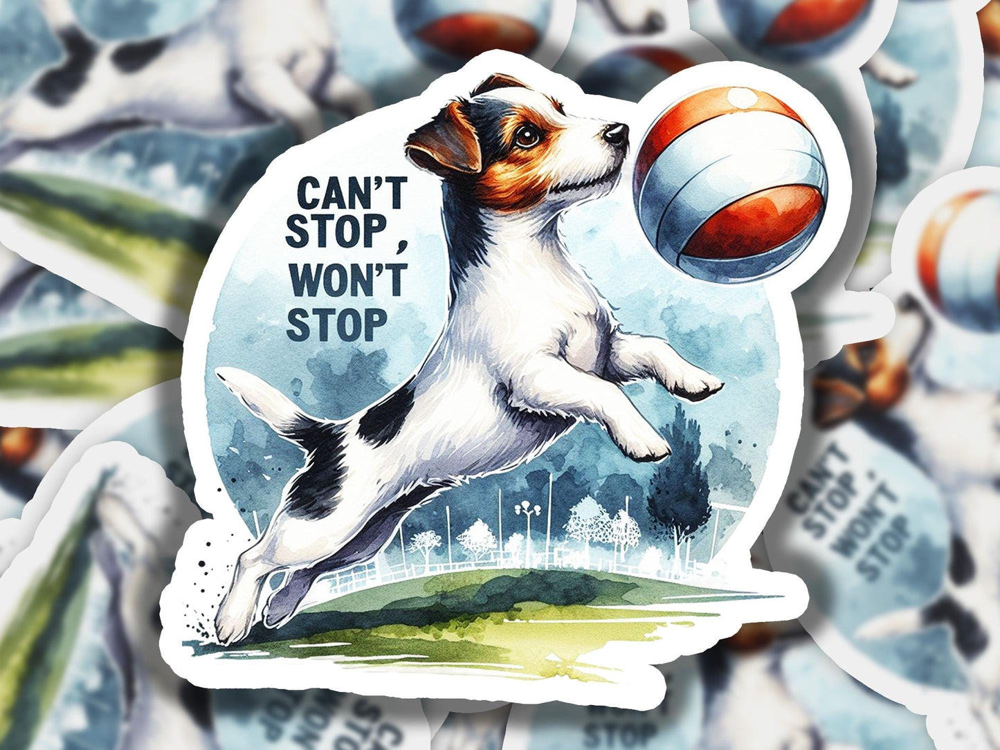 a sticker of a dog catching a ball