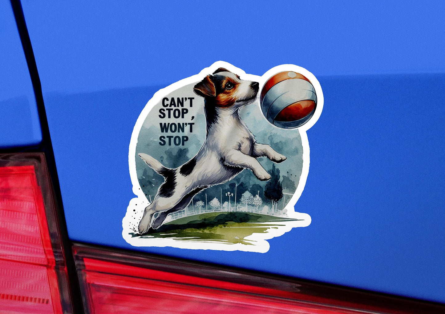 a sticker of a dog catching a ball