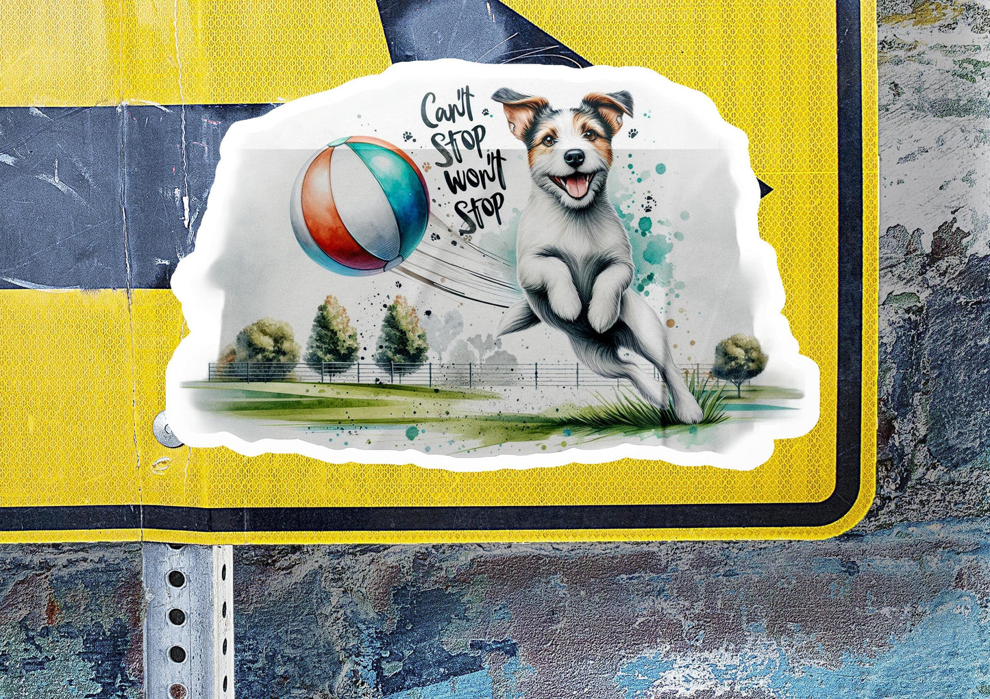 a sticker of a dog jumping with a ball
