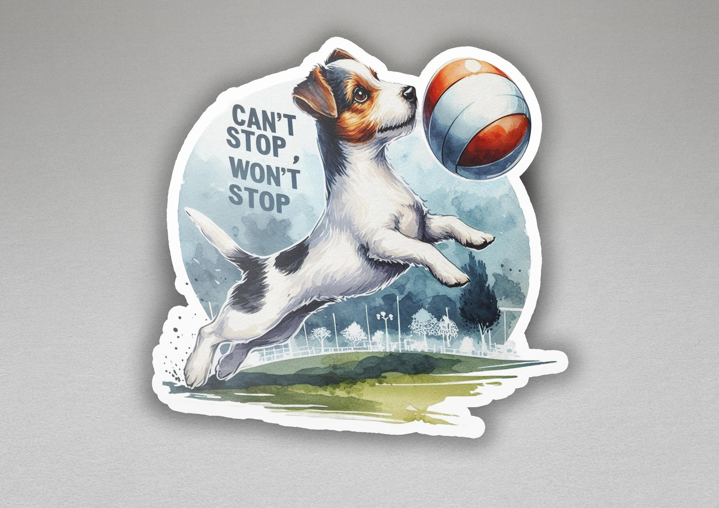 a sticker of a dog catching a ball