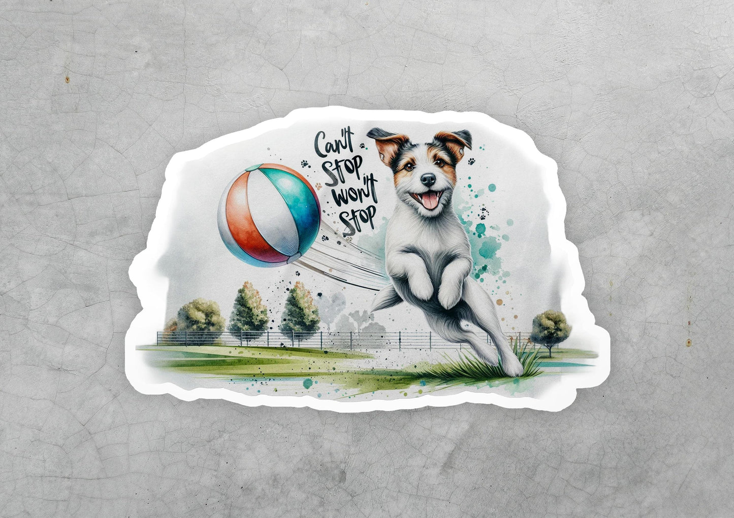 a sticker of a dog jumping with a ball