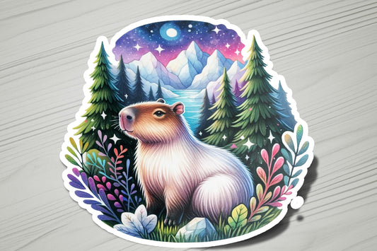 a sticker with a picture of a beaver in the woods