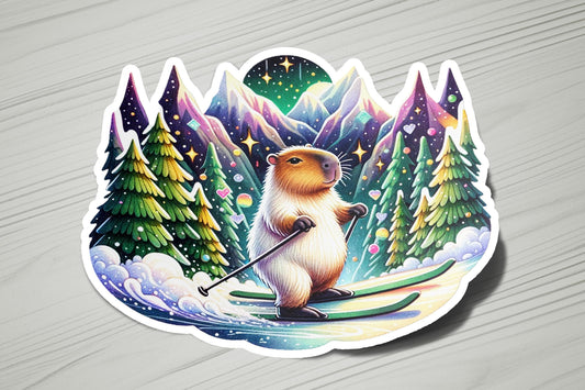a sticker of a beaver skiing in the woods