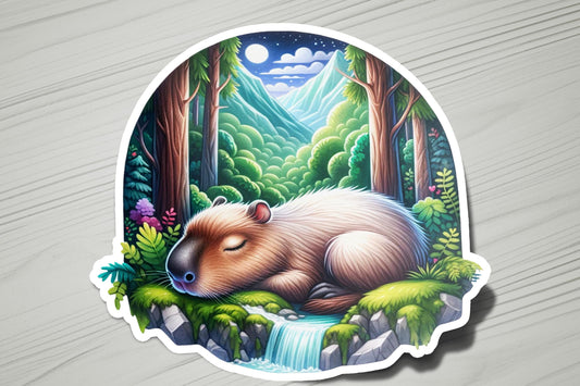 a sticker of a capybara sleeping in a forest