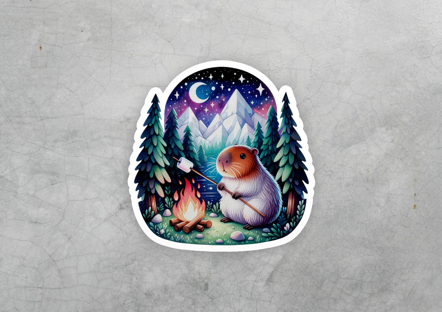 a sticker of a hamster sitting next to a campfire