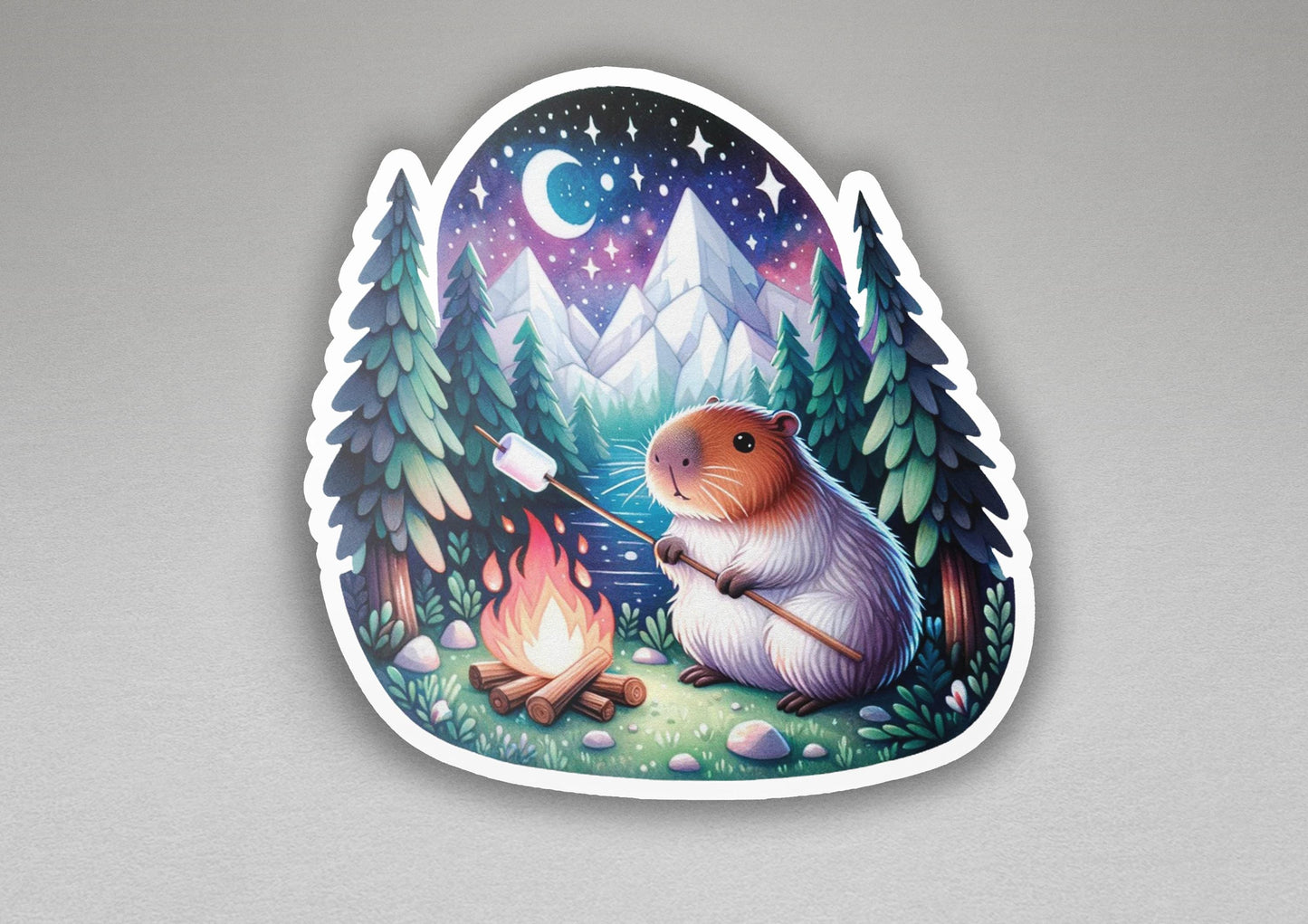 a sticker of a hamster sitting next to a campfire