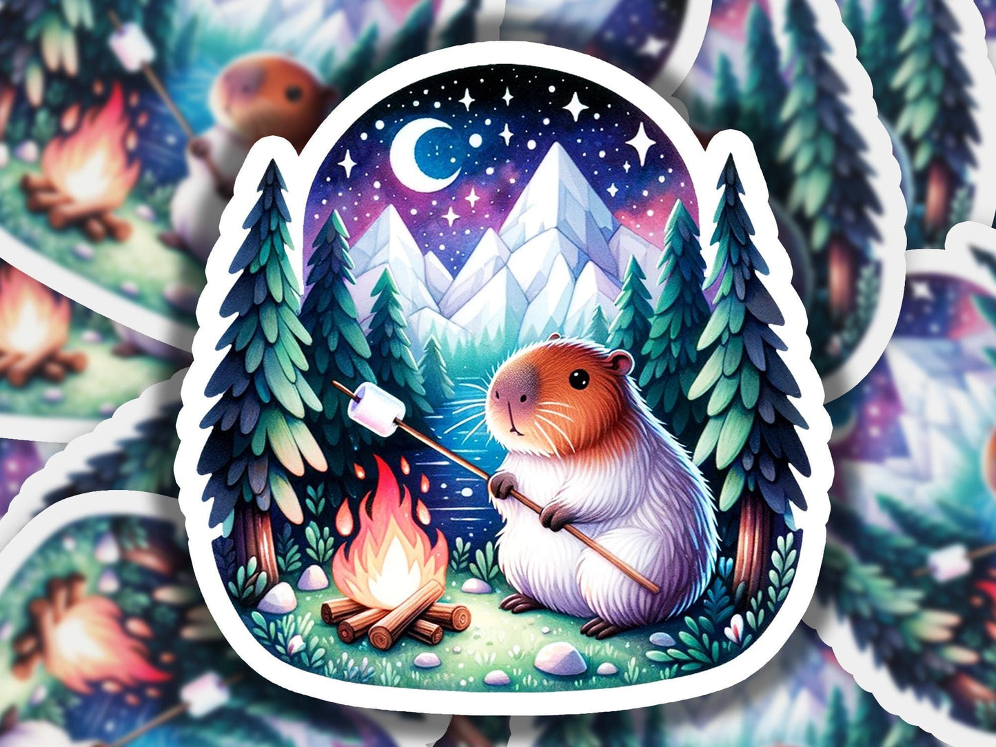 a sticker of a hamster sitting next to a campfire