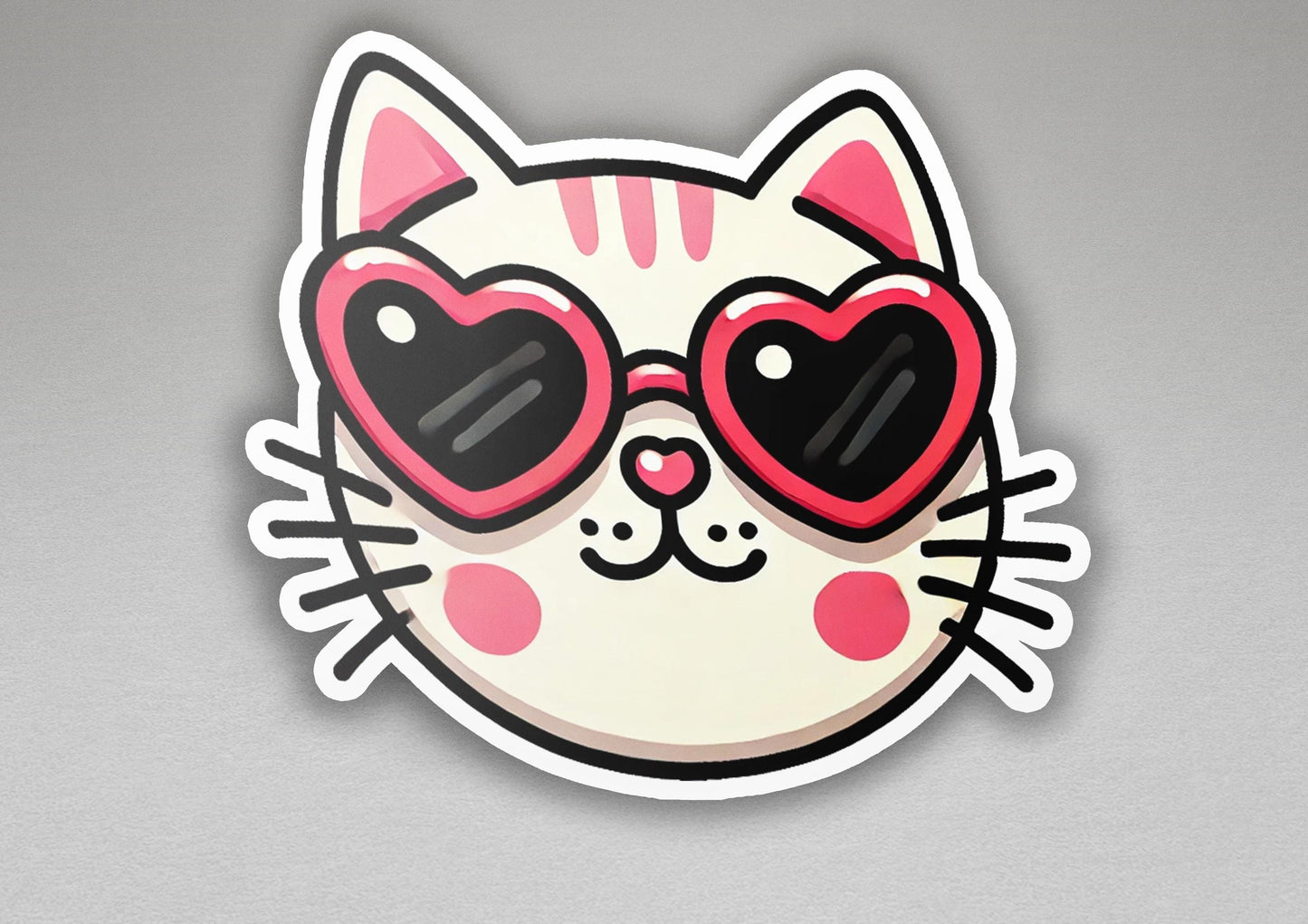 a sticker of a cat with heart shaped glasses