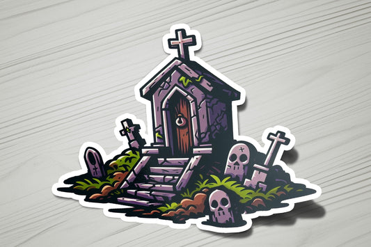 a sticker of a house with a graveyard and a cross