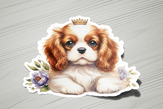 a brown and white dog with a crown on top of it