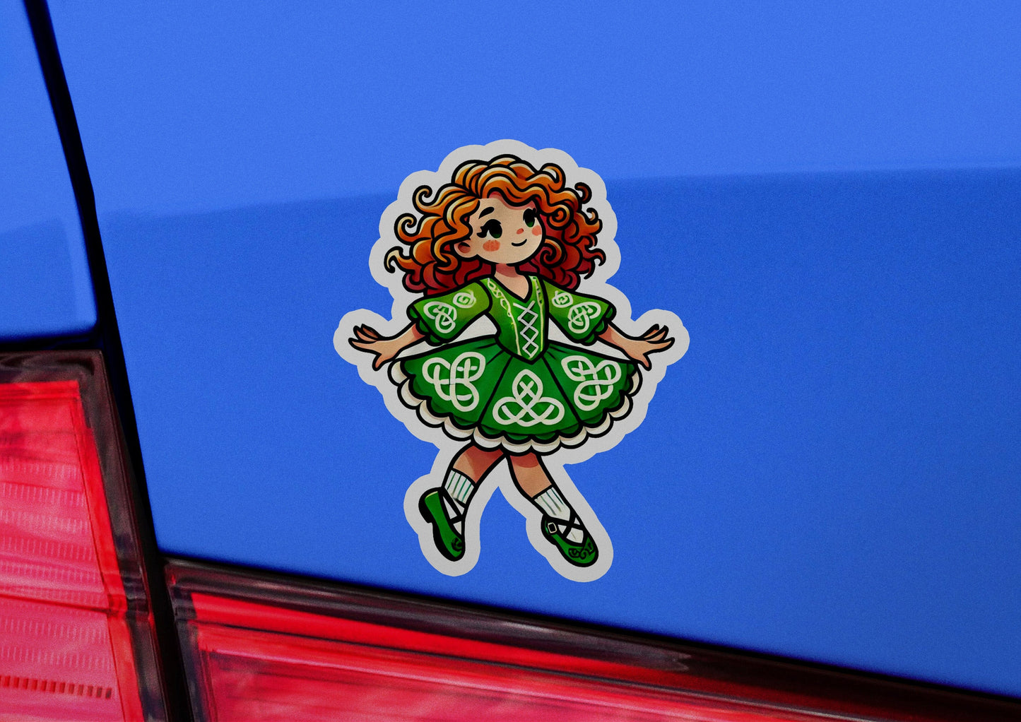 a car with a sticker of a girl in a green dress