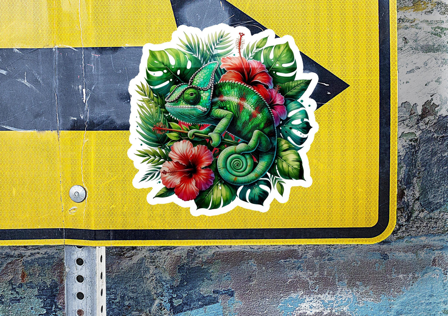 a sticker of a chameleon on a street sign