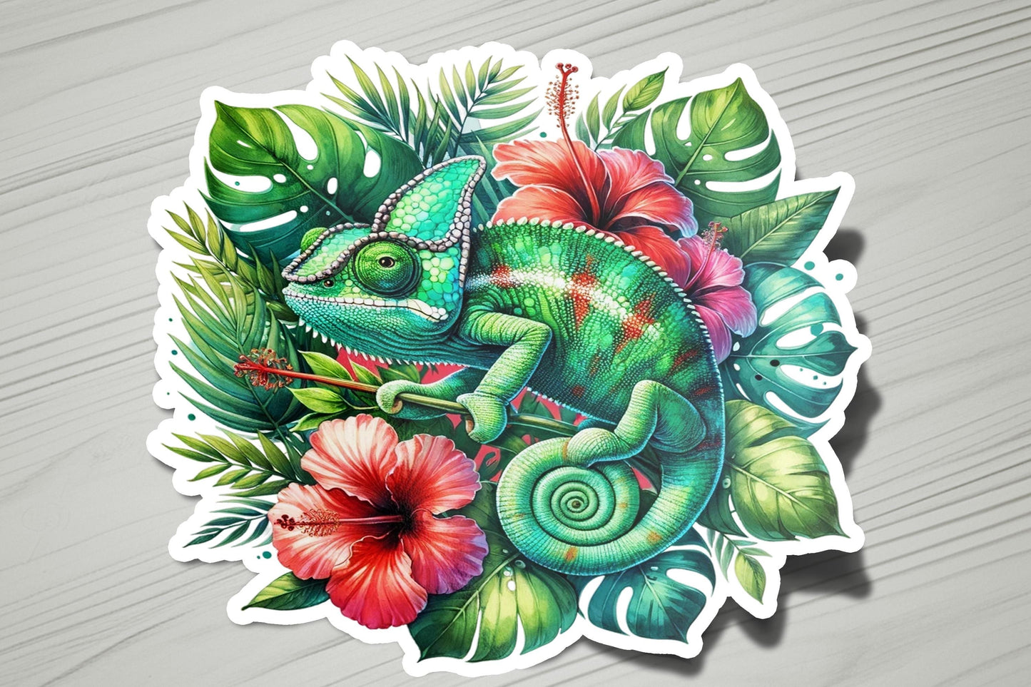 a sticker with a chamelon and flowers on it