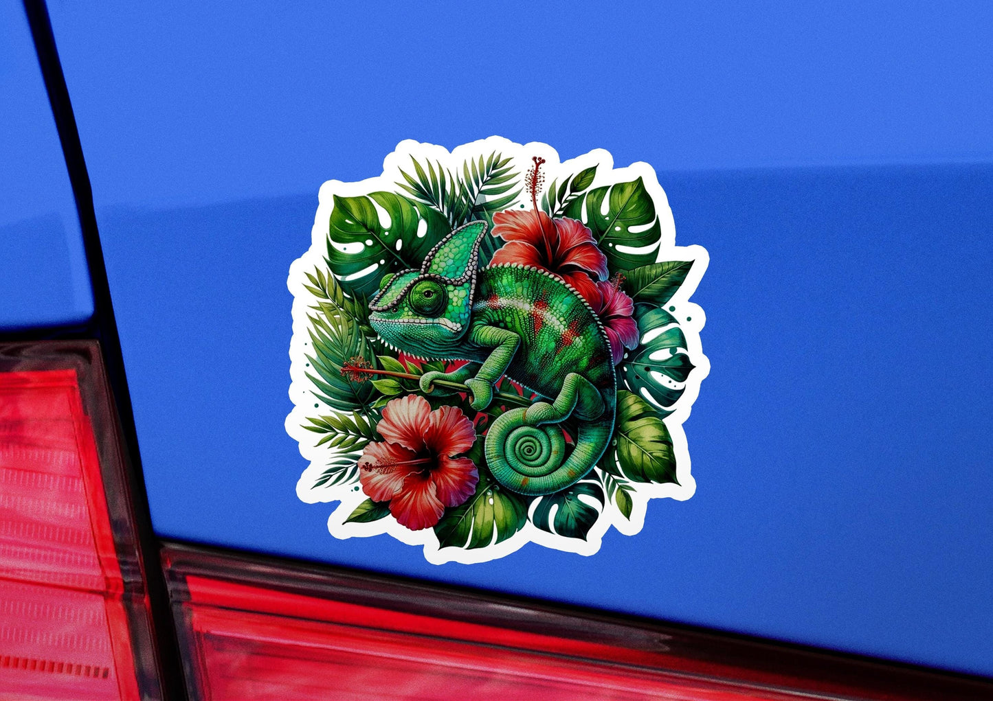 a sticker of a chamelon on the back of a car