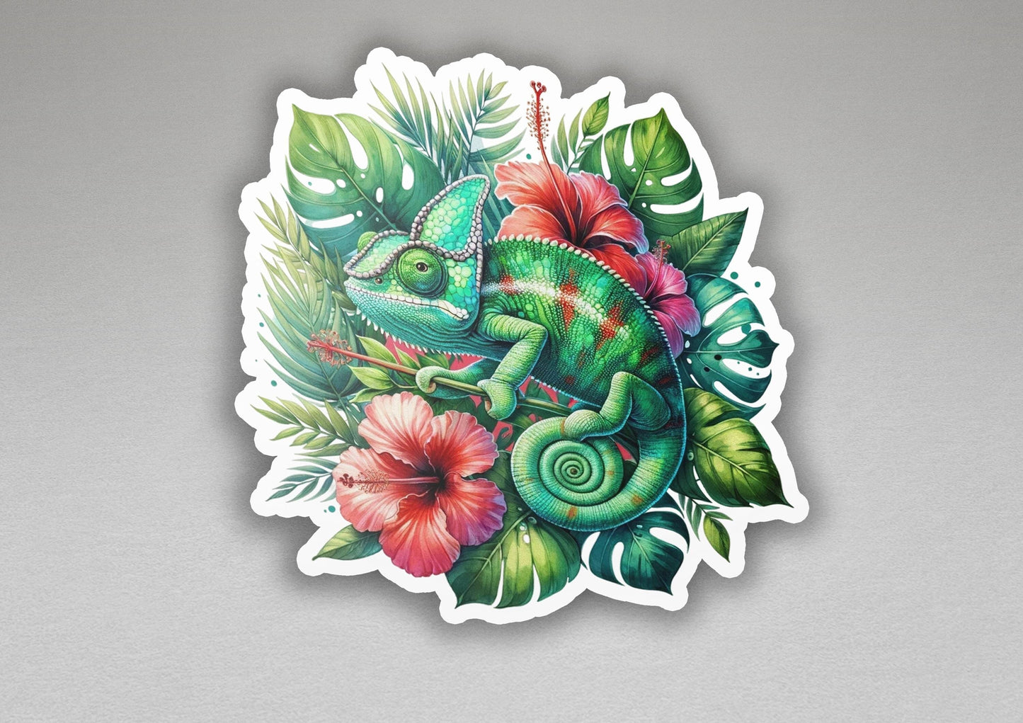 a sticker of a chamelon sitting on a flower