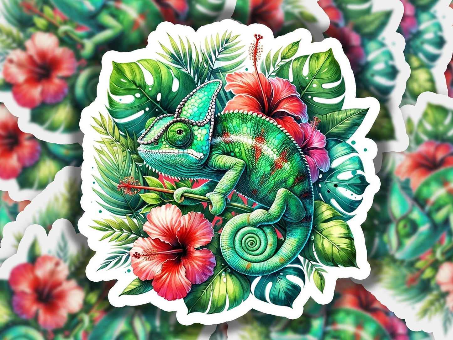 a sticker of a chamelon sitting on top of flowers