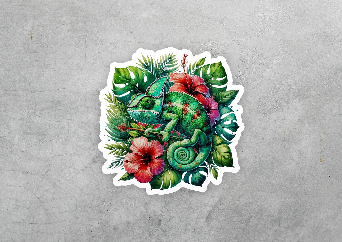a sticker of a chamelon with tropical leaves and flowers