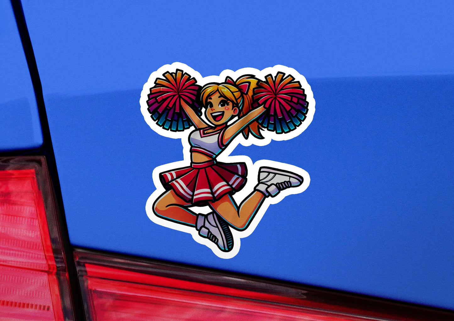 a cheerleader sticker on the back of a car