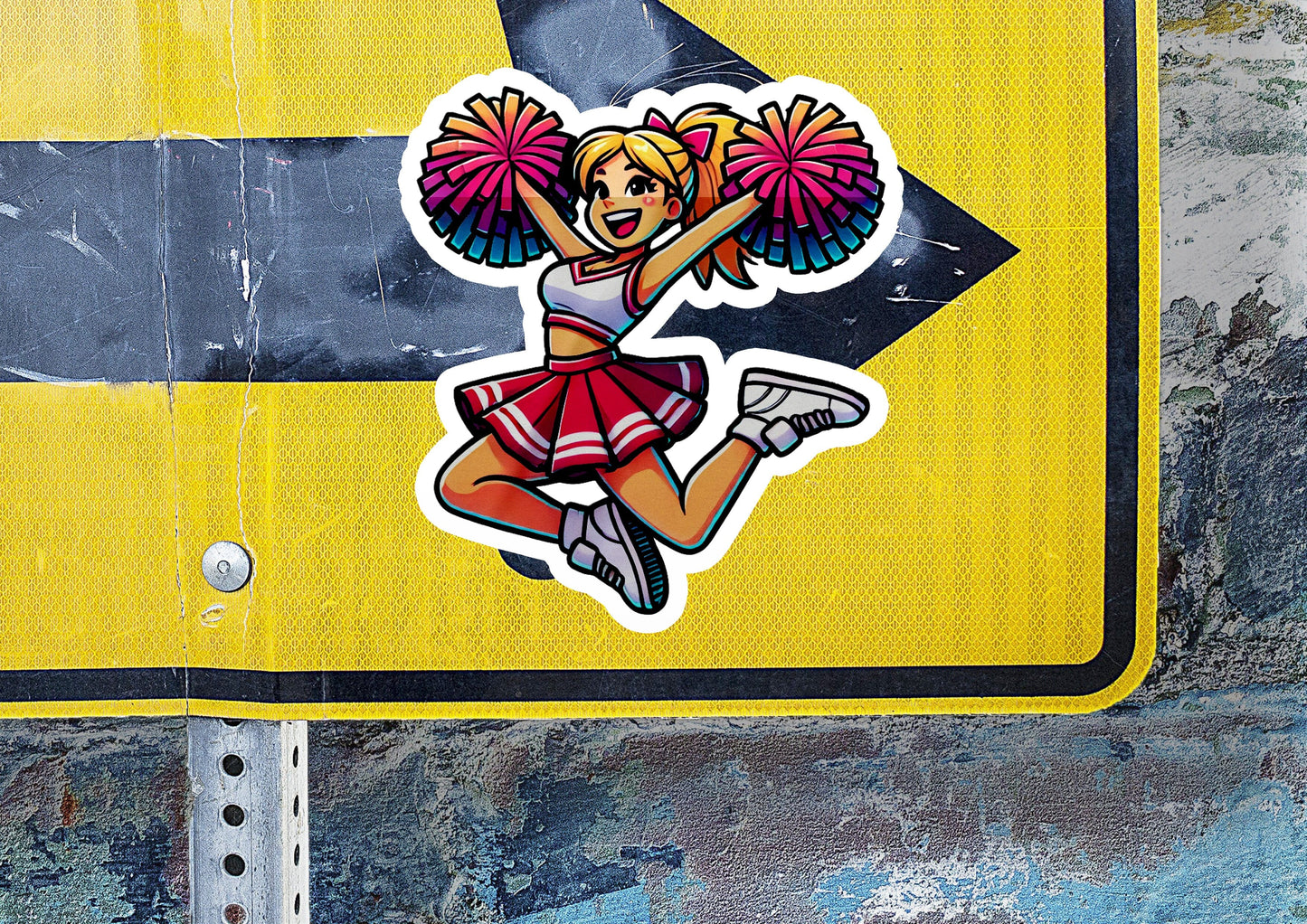 a sticker of a cheerleader dancing on a street sign