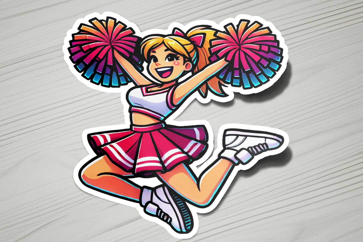 a sticker of a cheerleader with a pom pom