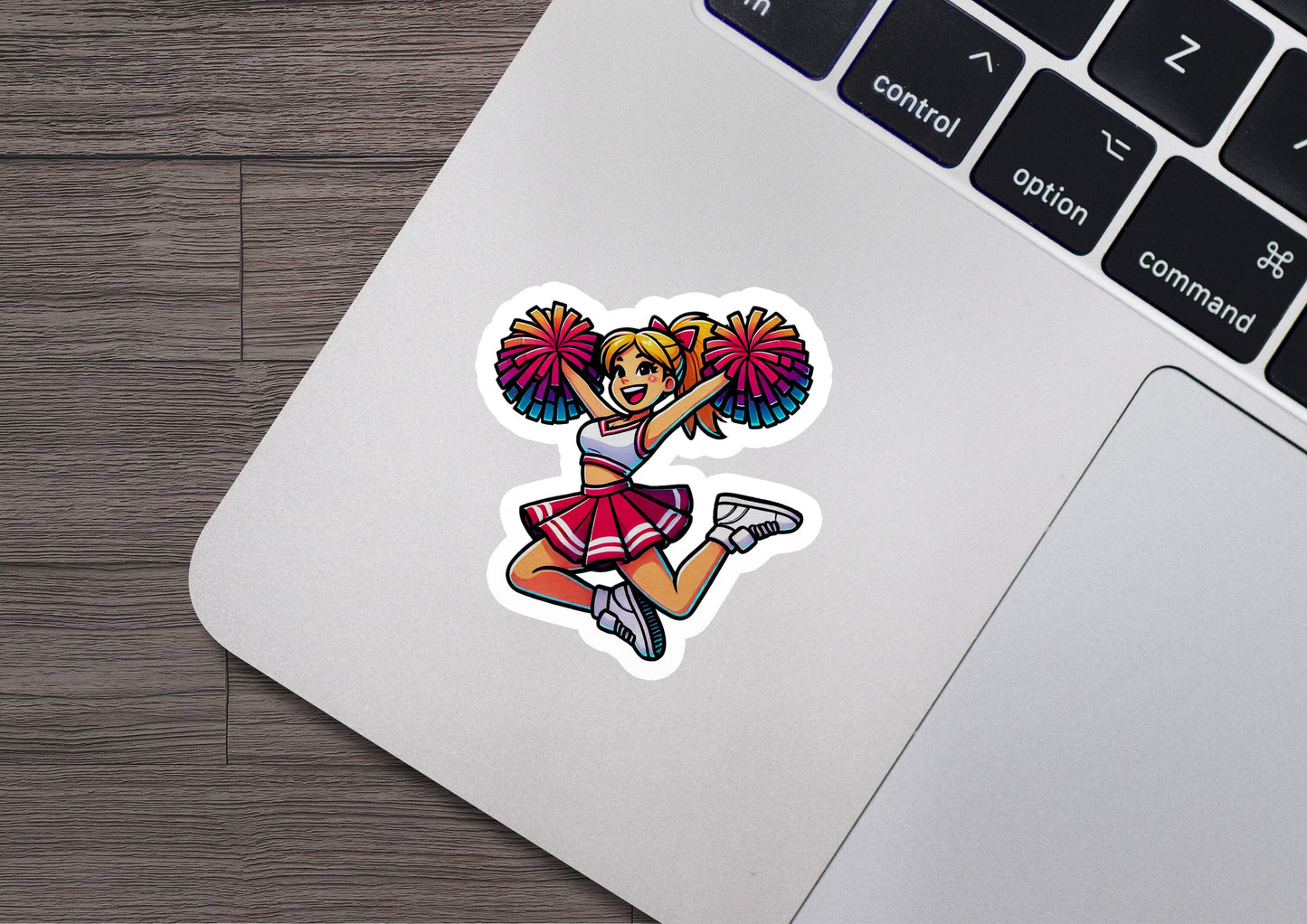 a laptop with a sticker of a cheerleader