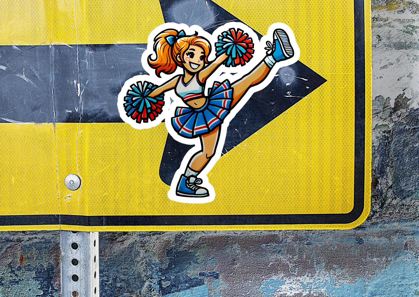a sticker of a cheerleader dancing on a street sign