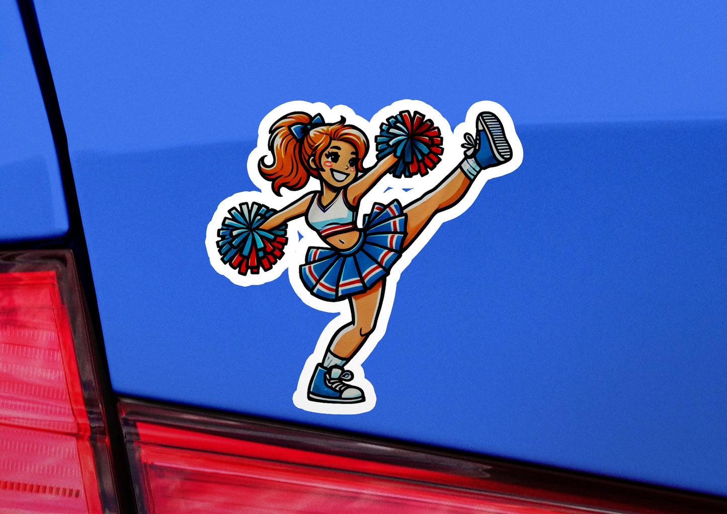 a car with a sticker of a cheerleader