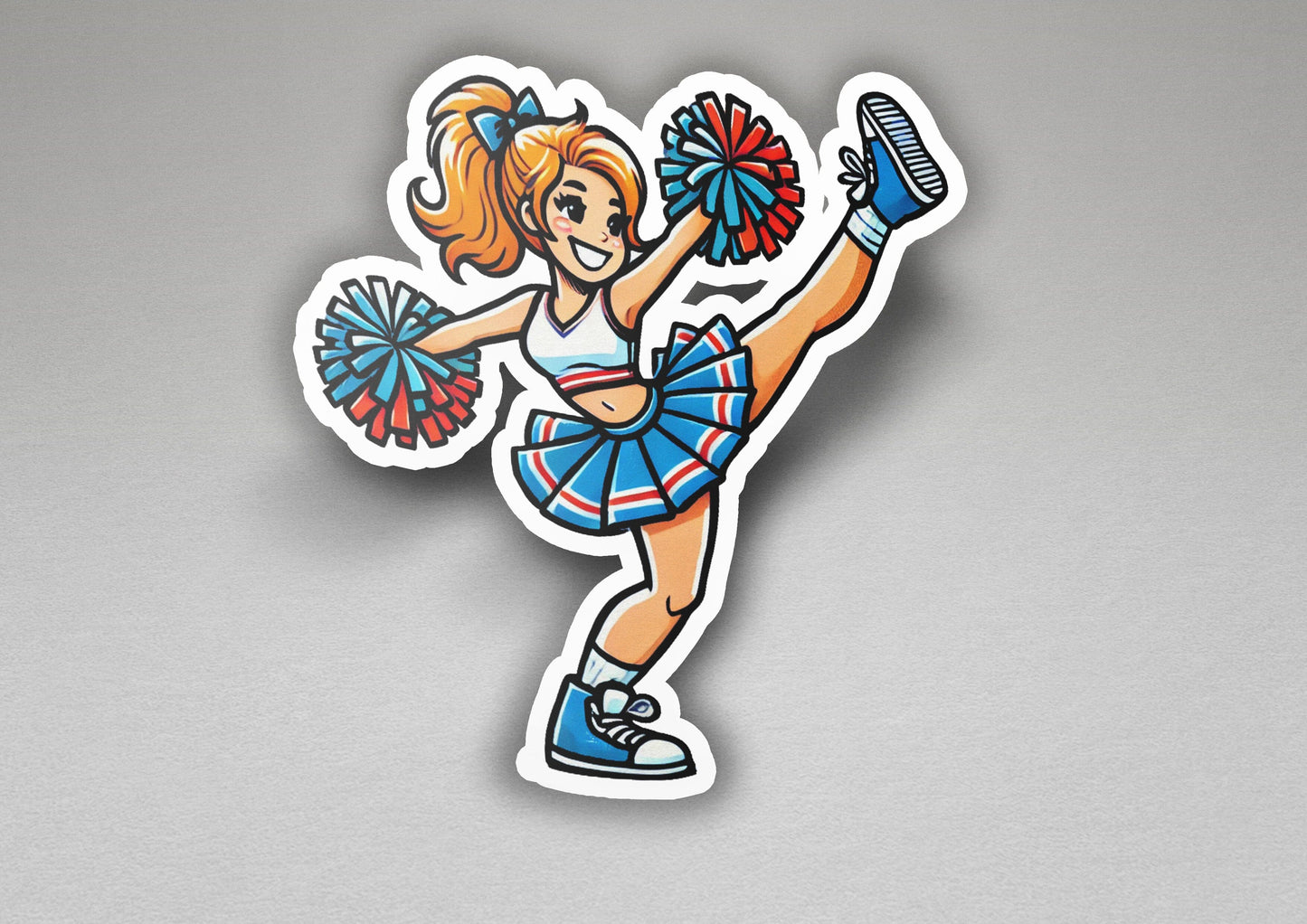 a sticker of a cheerleader holding a pom pom