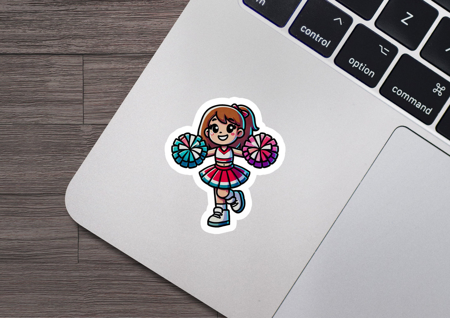 a laptop with a sticker of a girl holding a fan
