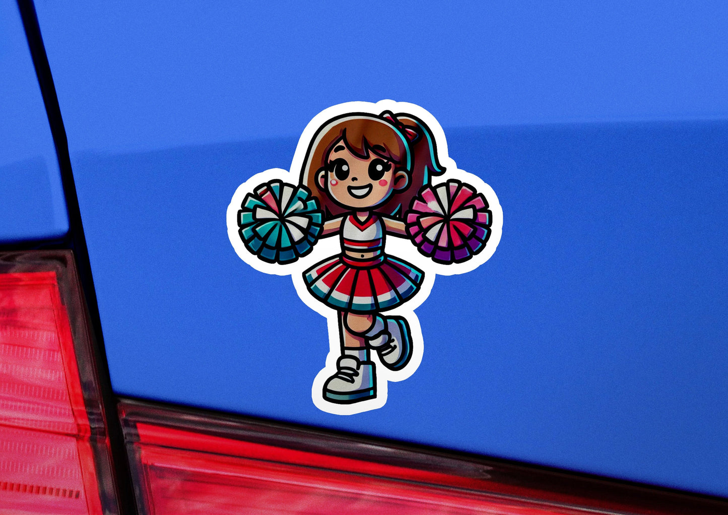 a car with a sticker of a girl holding a fan