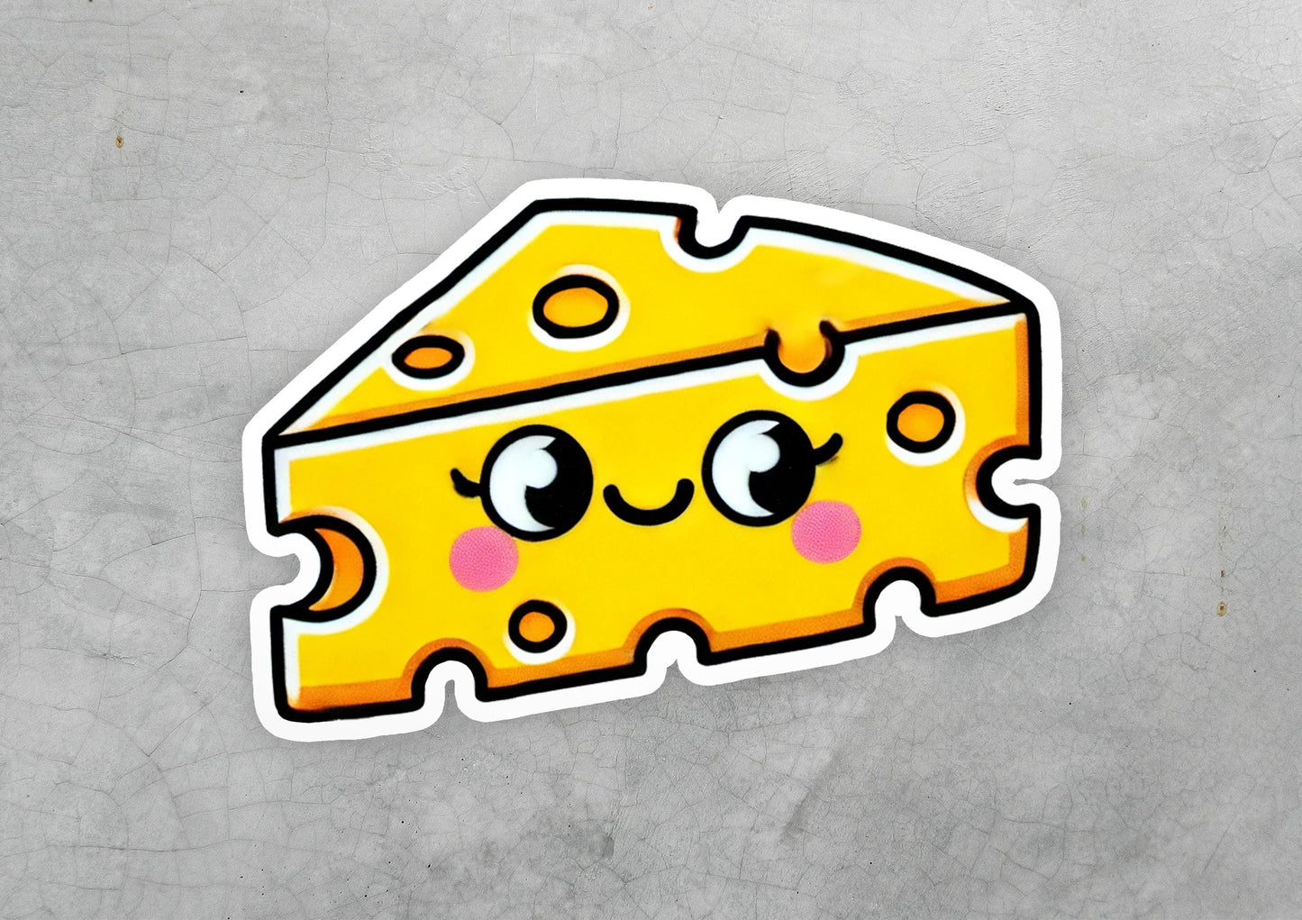 a sticker of a piece of cheese with eyes