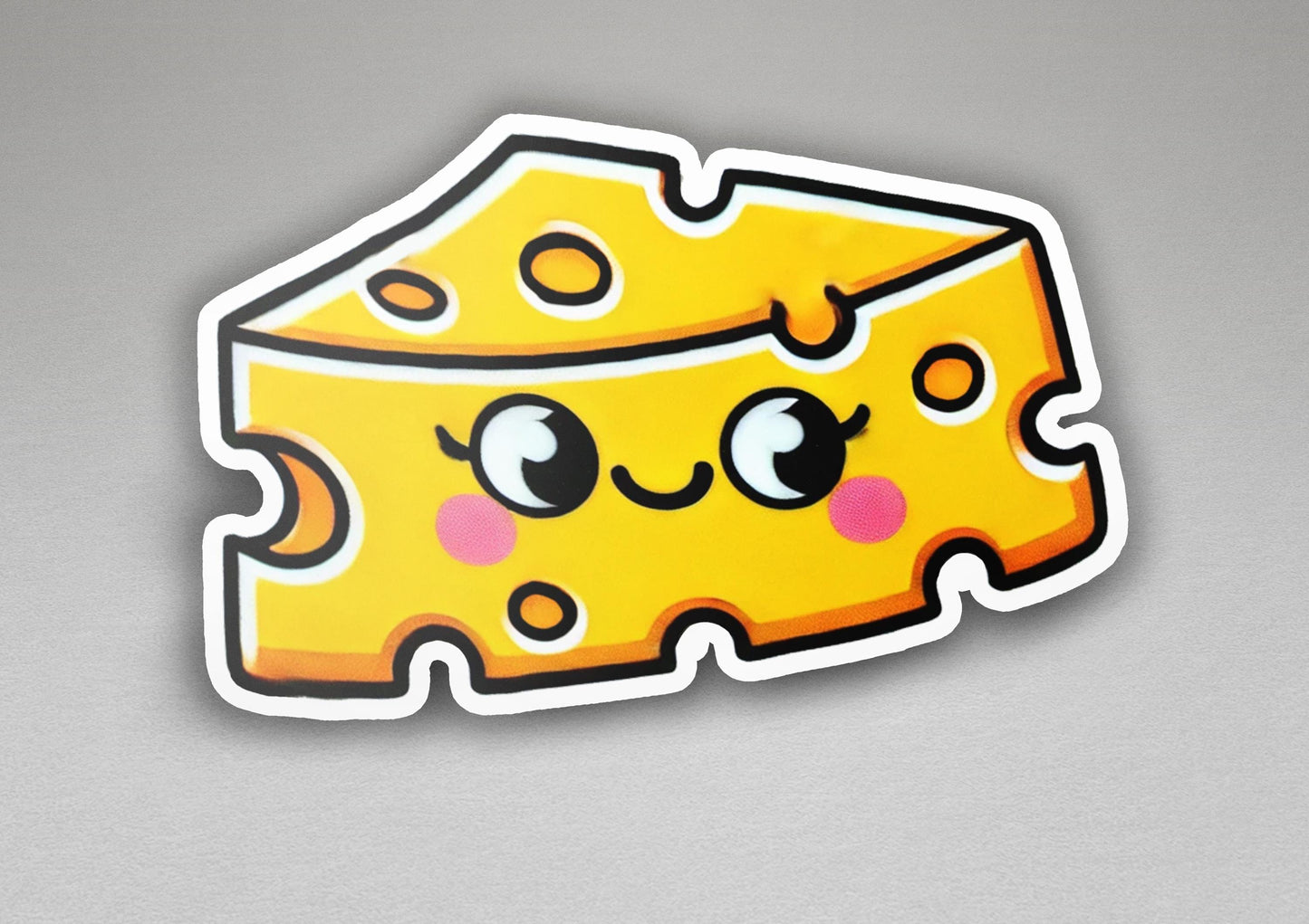 a sticker of a piece of cheese with eyes