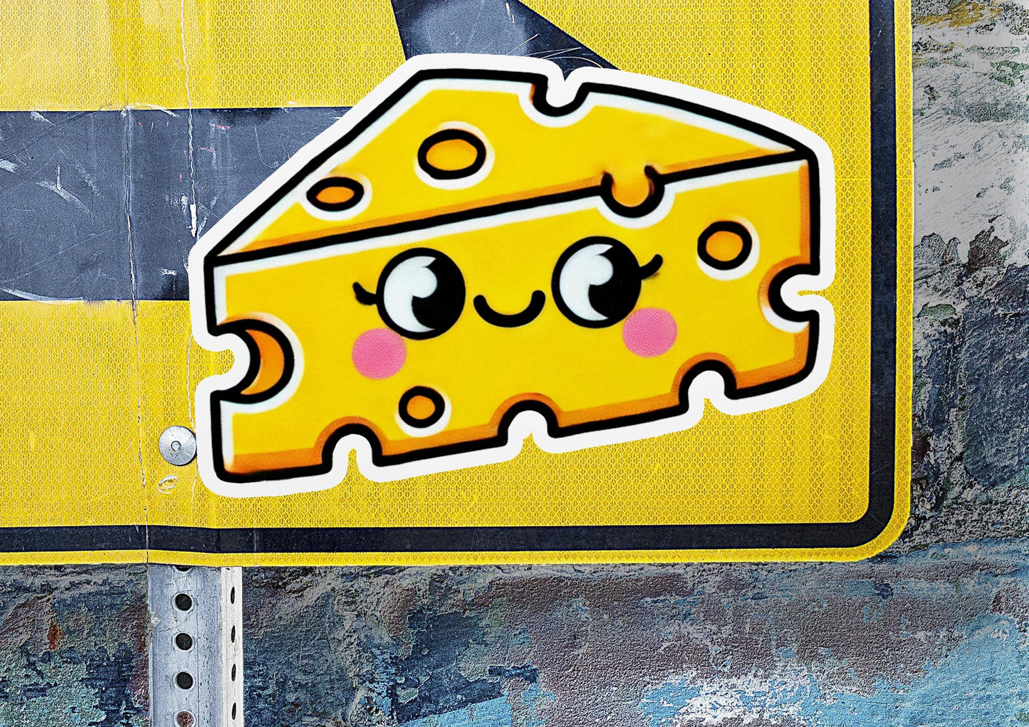 a close up of a street sign with a piece of cheese on it