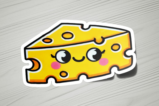 a sticker of a piece of cheese with eyes