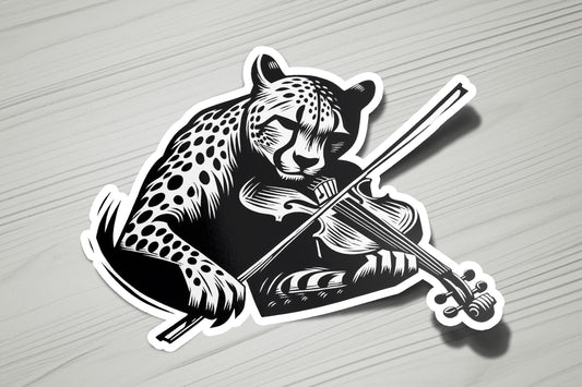 a sticker of a cheetah playing a violin