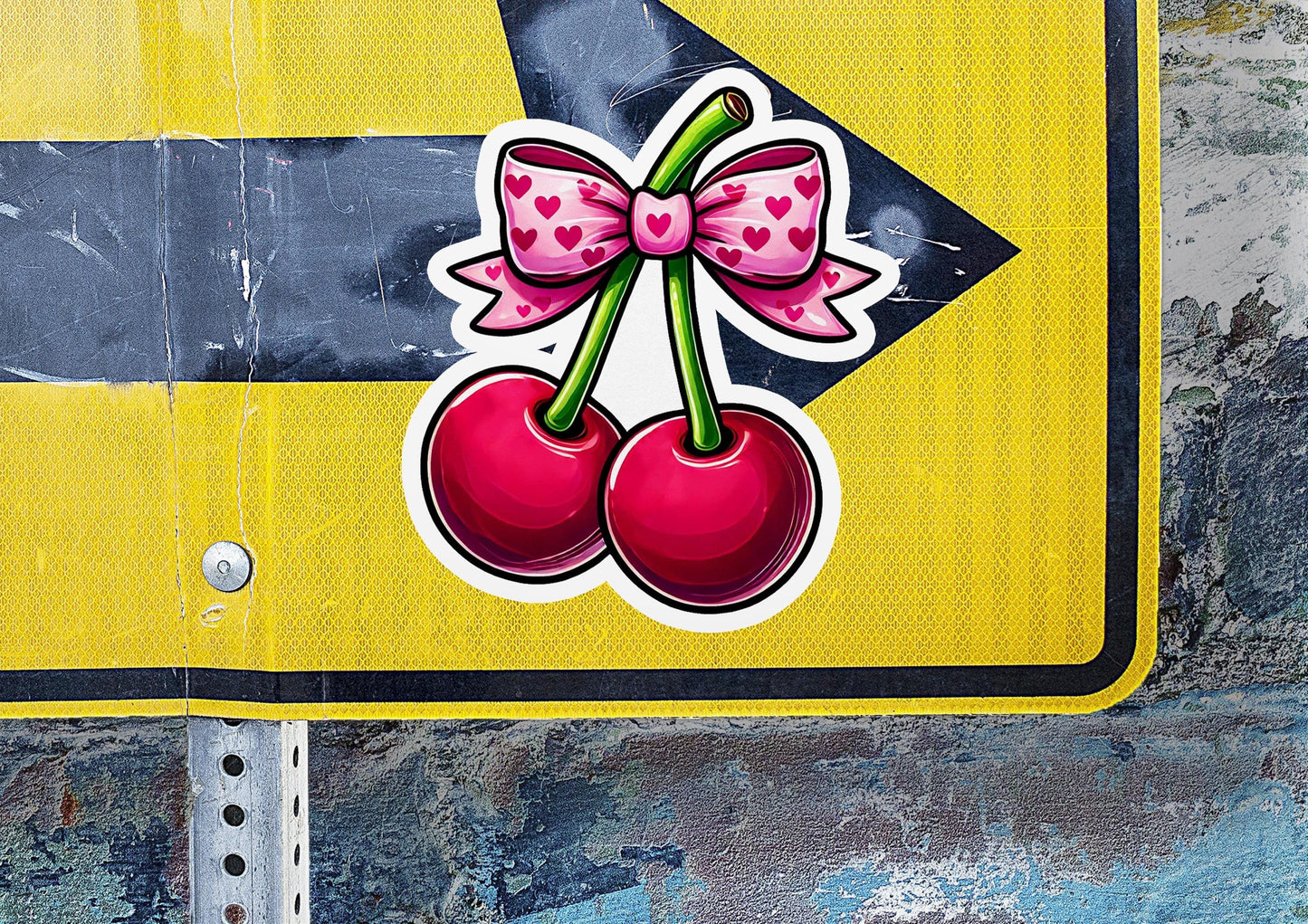 a street sign with a bow and two cherries on it