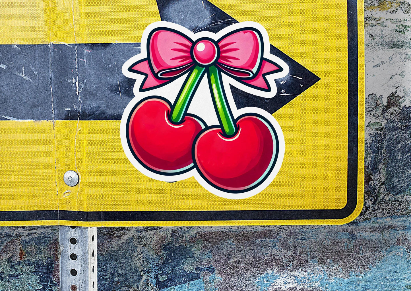 a street sign with a bow and two cherries on it